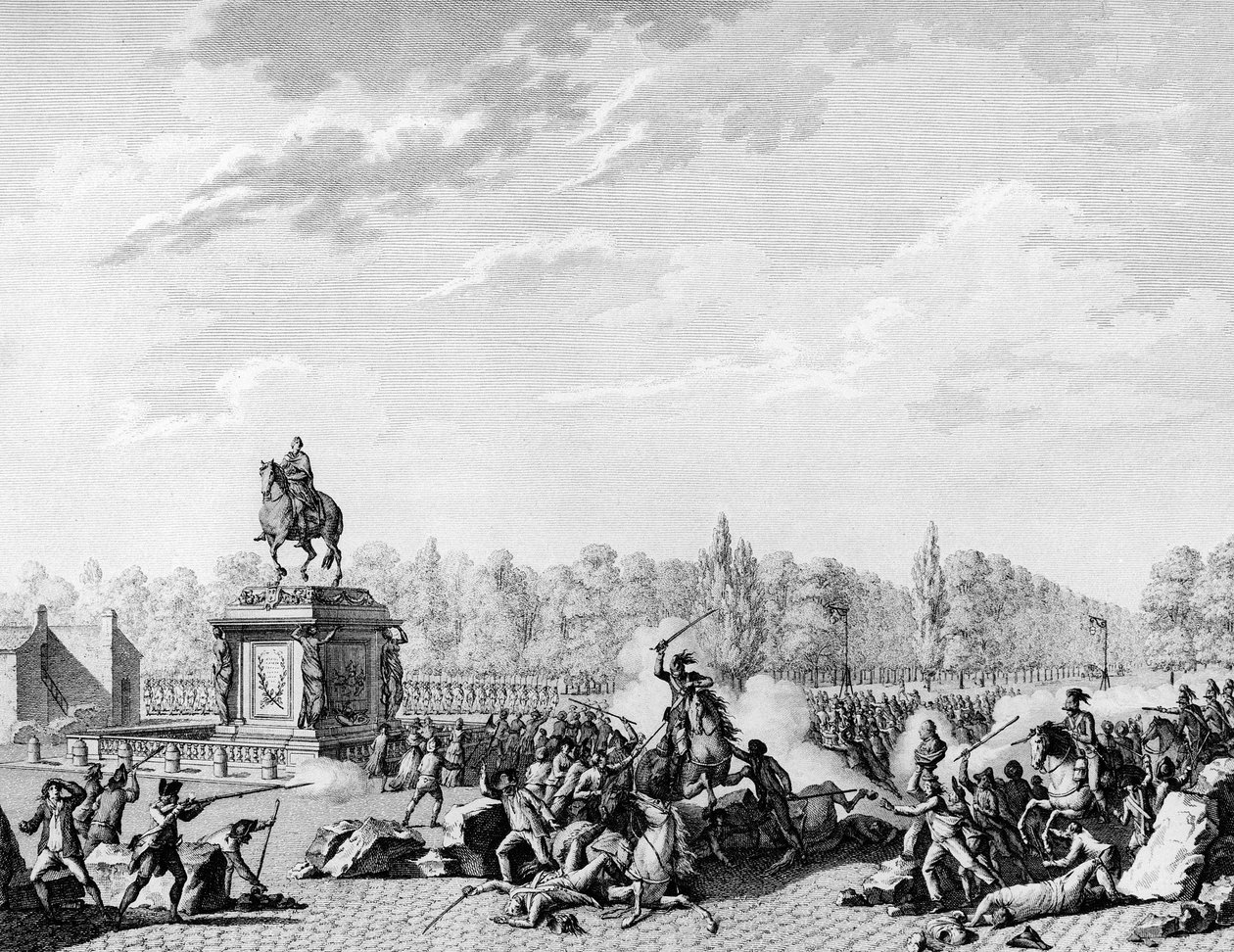 Franse Revolutie: Place Louis XV, de draken van Charles Eugene de Lorraine, Prins van Lambesc, belaadden een stoet met de bustes van Jacques Necker en de Hertog van Orleans op 12 juli 1789. Gravure door Berthaut naar Prior door Jean Louis II (after) Prieur