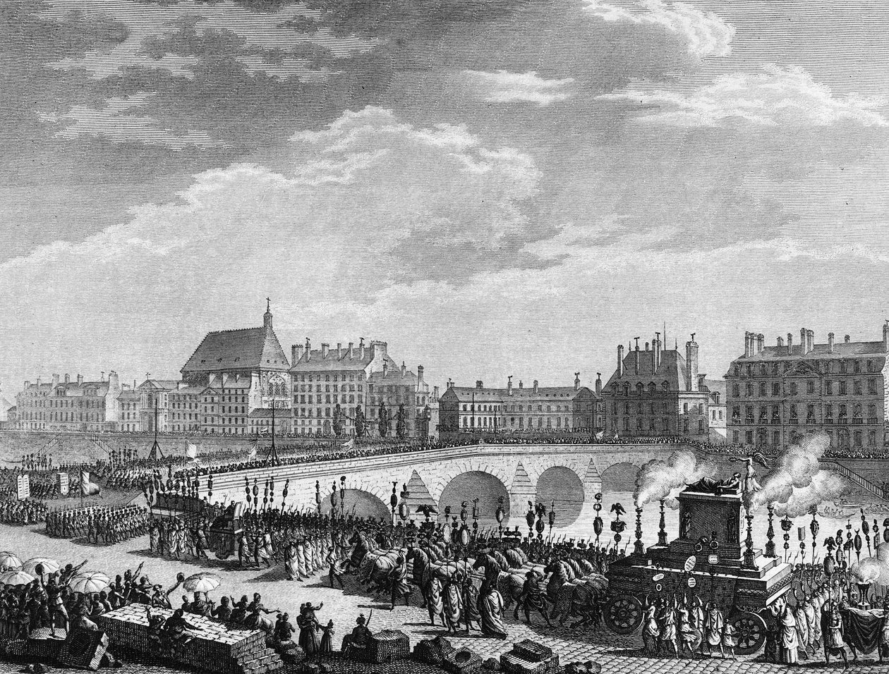 Franse Revolutie: Triomf van Francois Marie Arouet, bekend als Voltaire op 11 juli 1791. Gravure door Berthaut naar Prieur. Parijs, Bibliotheek van het Instituut voor Geschiedenis van de Revolutie. door Jean Louis II (after) Prieur