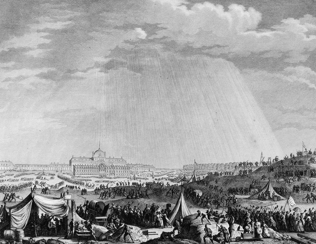 Franse Revolutie: Werken van het Champs de Mars in Parijs voor het feest van de Federatie op 14 juli door Jean Louis II (after) Prieur