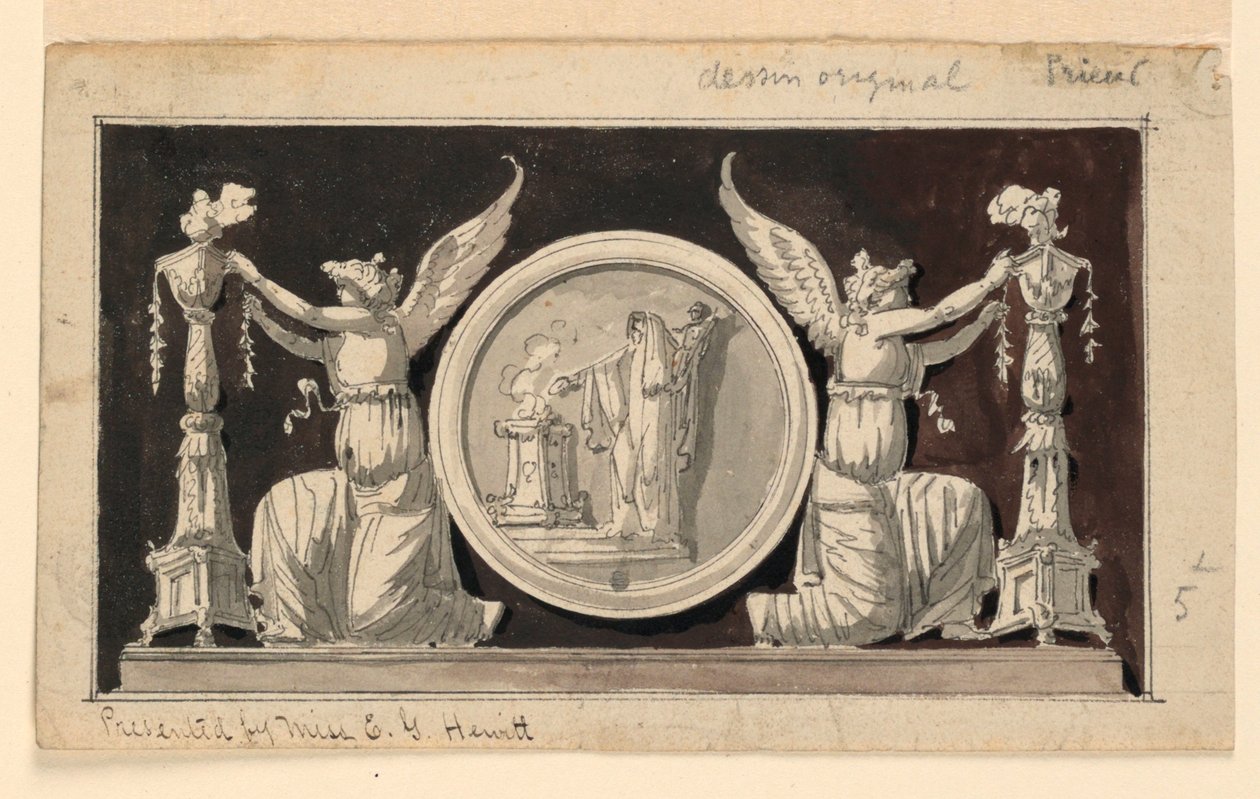Decoratief paneel: Medaillon met offerscène tussen twee overwinningen die kandelabers versieren door Jean Louis Prieur the Younger