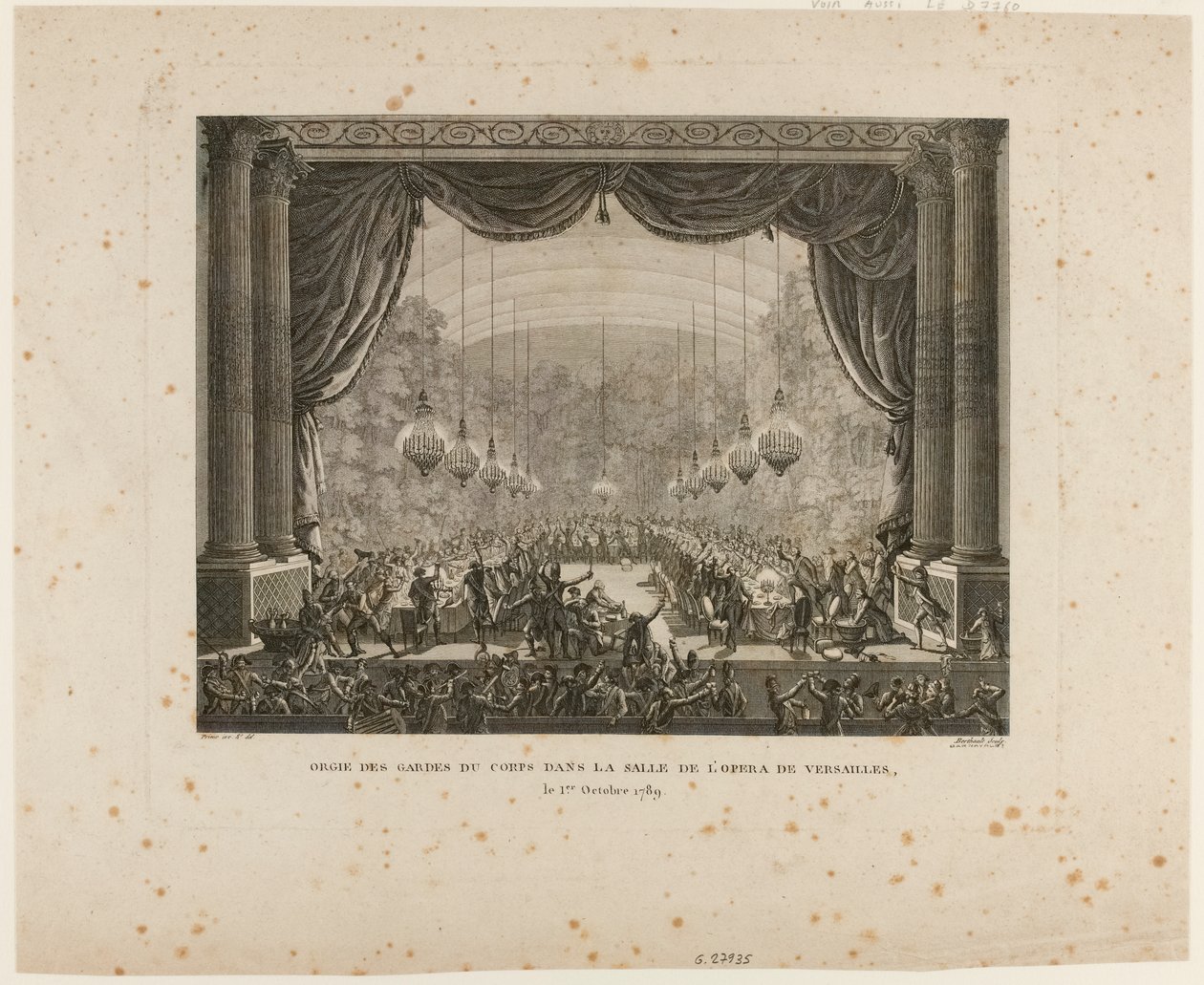Feest van de Lijfwachten, Vlaamse regimenten, Montmorency-dragonders en Nationale Garde van Versailles. Ze vertrappen de Nationale Kokarde en tonen de zwarte kokarde, een teken van de 