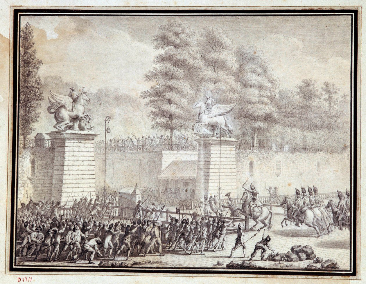 Franse Revolutie: Monsieur de Lambesc betreedt de Tuilerieën met een detachement van het Koninklijk Duitse Regiment op 12 juli 1789 door Jean Louis the Younger Prieur