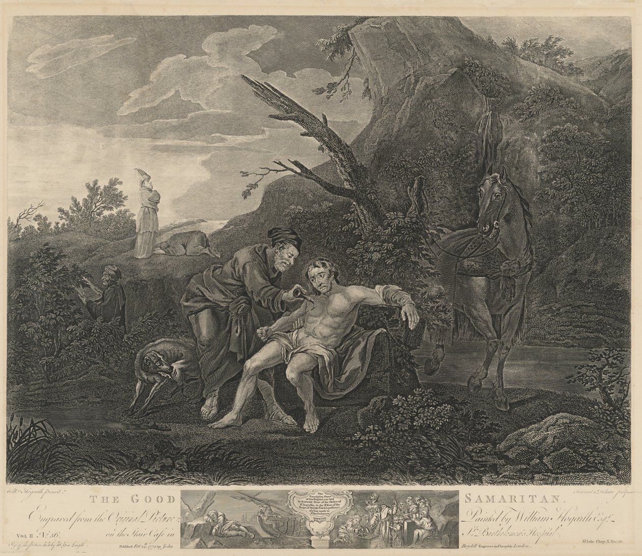 De barmhartige Samaritaan door Jean Marie Delatre and Simon Francois Ravenet I after William Hogarth
