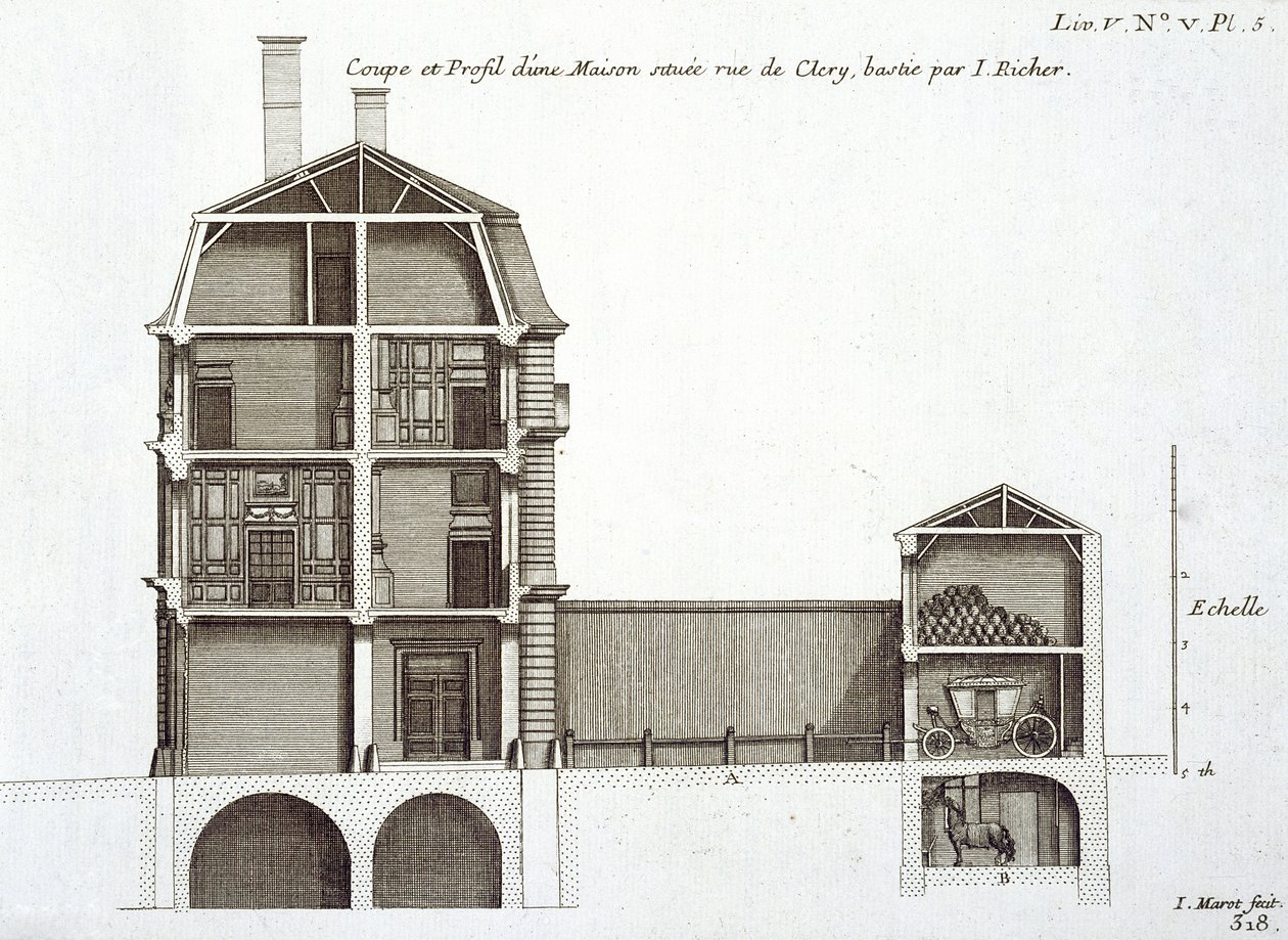 Doorsnede van een huis in rue de Clery, ontworpen door Jean Richer, uit 