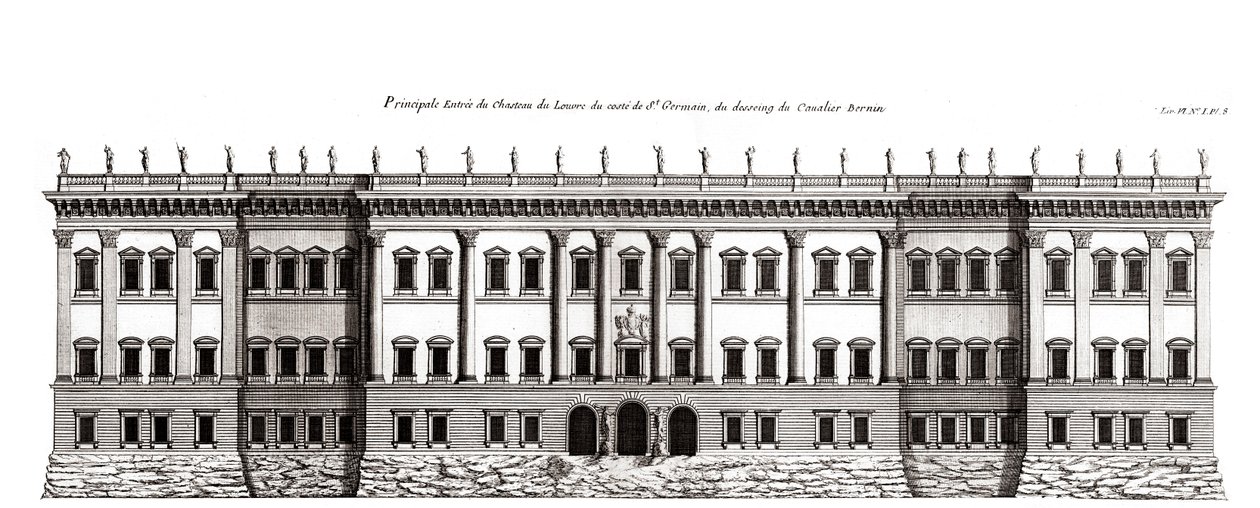 Het Louvre in Parijs, project van Gian Lorenzo Bernini: elevatie van de hoofdgevel aan Saint-Germain l