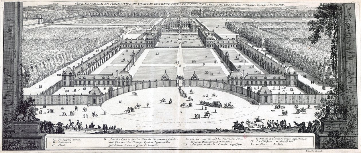 Algemeen perspectief van het kasteel, de vesting, het voorplein, de bloemperken, de tuinen, enz. van Richelieu door Jean Marot