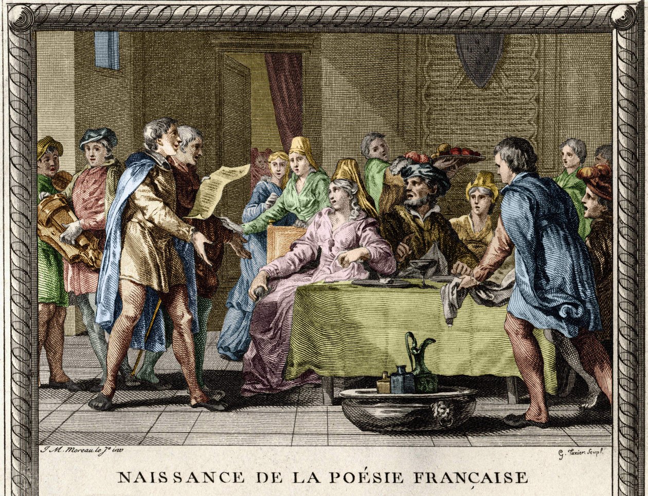 Geboorte van de Franse poëzie: Troubadours, gevolgd door jongleurs en ménestrels, reciteren de eerste gedichten in het Frans tijdens de festiviteiten onder de edelen in de 12e eeuw. Gravure door Moreau le Jeune door Jean Michel the Younger Moreau