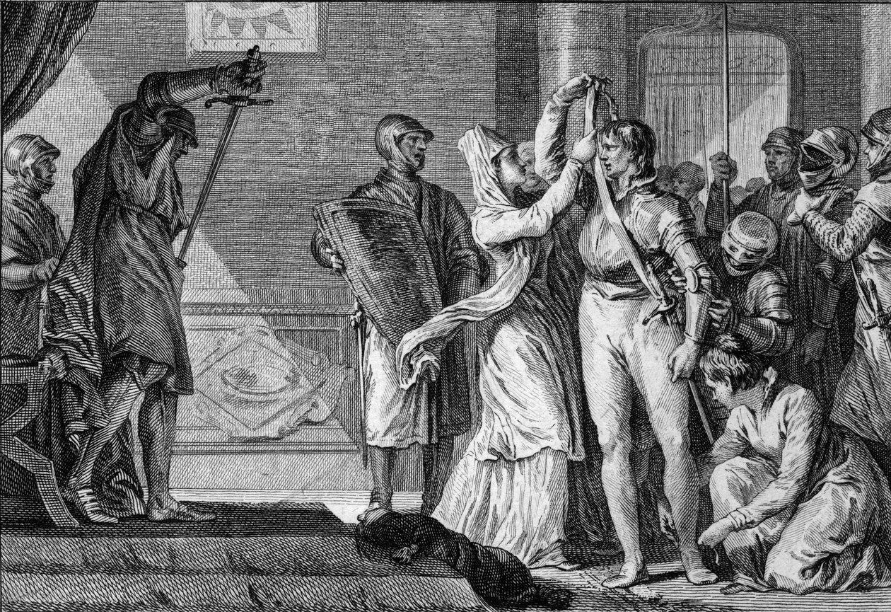 Ceremonie van het ridderslag onder de Capetingers: vrouwen doen een riem en gouden sporen om een jonge man die tot ridder wordt geslagen, terwijl de schildknapen hem met zijn harnas bedekken. 10e-11e eeuw. Gravure door Jean Michel Moreau, genaamd Moreau le door Jean Michel the Younger Moreau