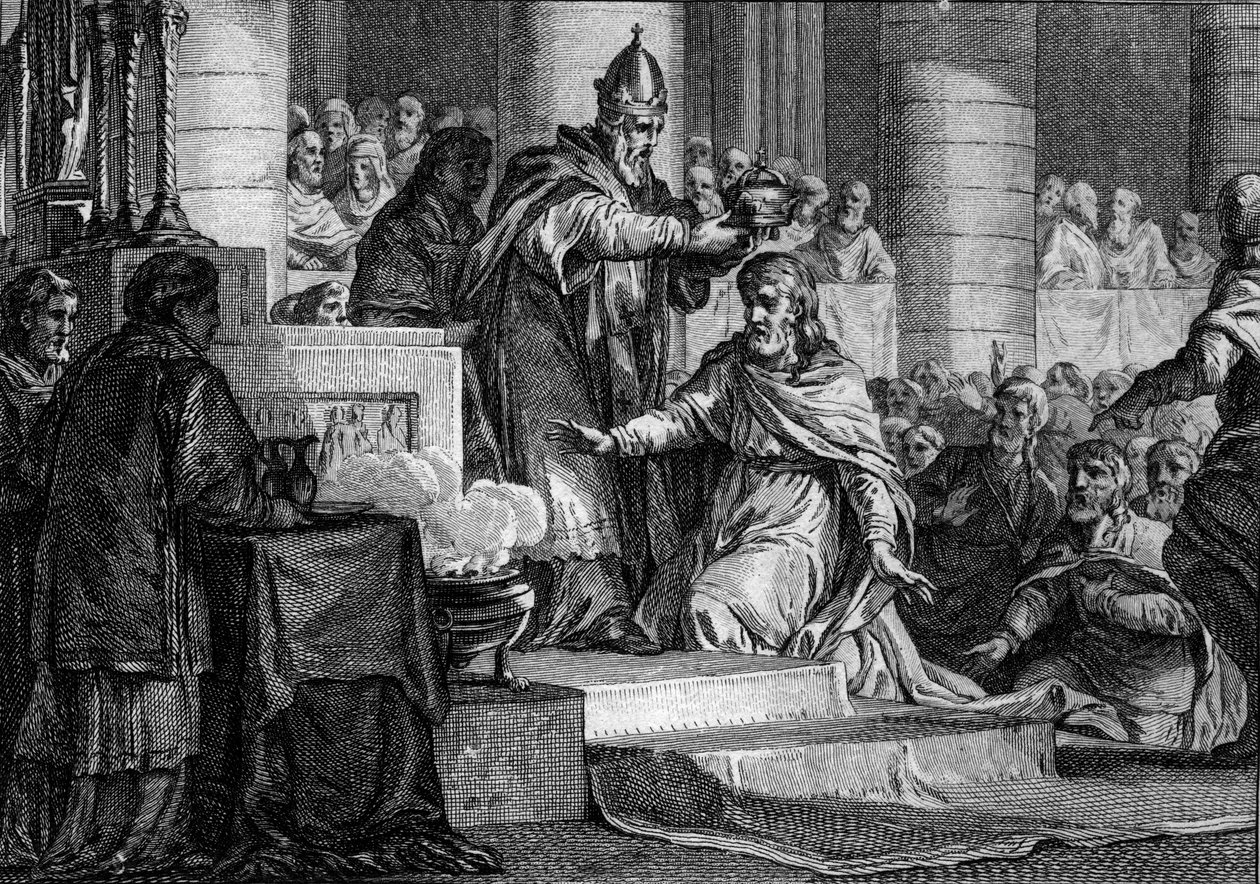 Kroning van Karel de Grote, 25 december 800: De koning der Franken (747-814) wordt tot keizer van het Westen gewijd door paus Leo III (750-816) in de Sint-Pieterskerk in Rome. Gravure door Jean Michel Moreau, genaamd Moreau le Jeune (1741-1814) door Jean Michel the Younger Moreau