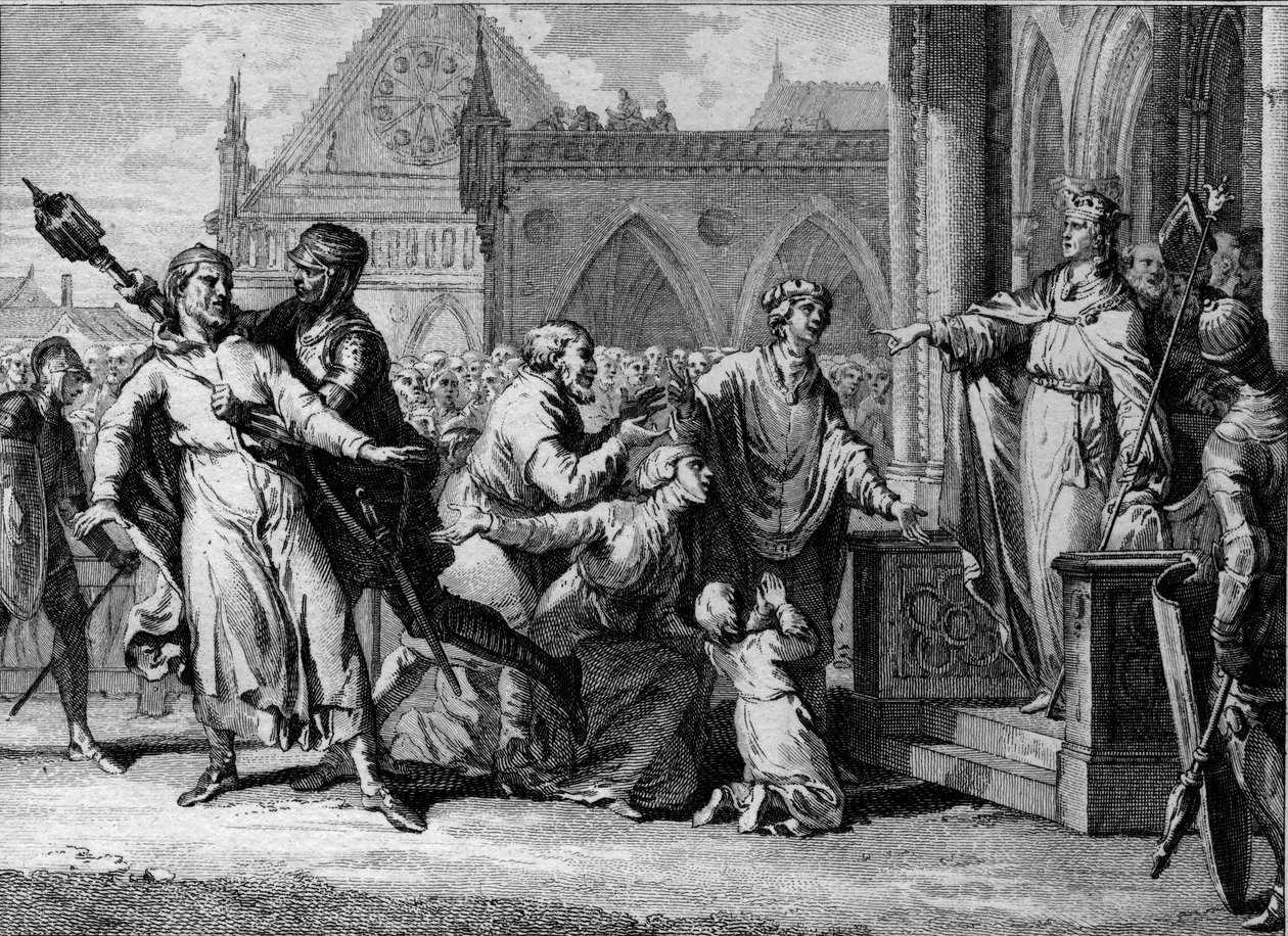 Dagobert I (602/605-638), koning van de Franken, probeert de koninklijke autoriteit in Bourgondië te doen gelden door de klachten van de inwoners tegen hun heren te horen. Gravure door Jean Michel Moreau, genaamd Moreau le Jeune (1741-1814). door Jean Michel the Younger Moreau