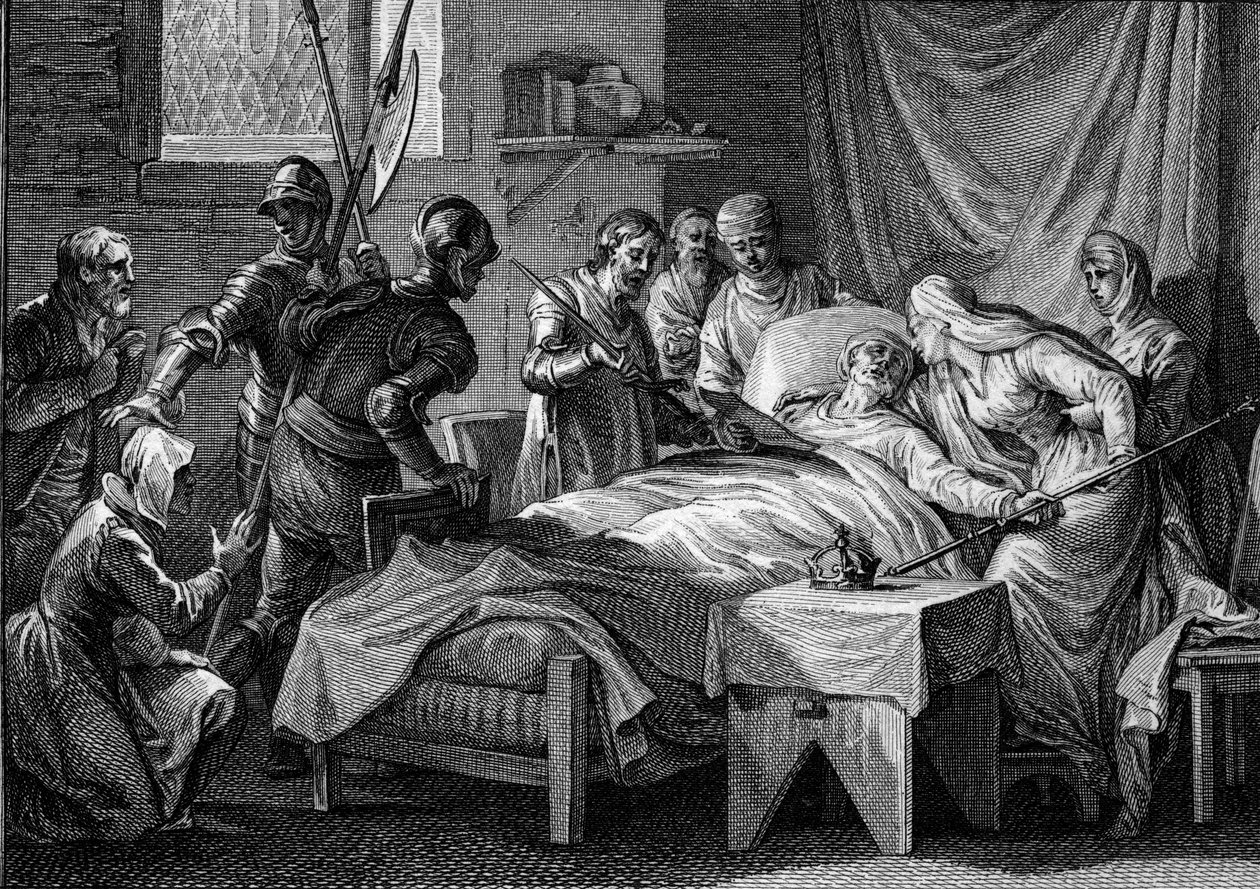 Dood en opvolging van Karel II de Kale: de koning overhandigde de keizerlijke kroon, zijn gouden scepter, het zwaard van Sint-Pieter en een testament waarin hij zijn zoon Lodewijk de Stamelaar als erfgenaam aanwees. Gravure door Jean Michel Moreau door Jean Michel the Younger Moreau