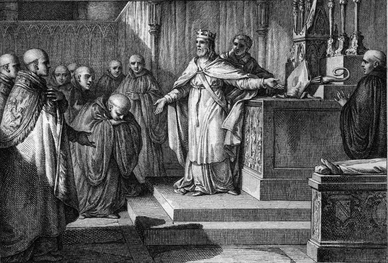 Hugues Capet herstelde de canonieke verkiezingen: de koning van de Franken liet de monniken hun abten kiezen door een staf en een mijter op een altaar te plaatsen. Gravure door Jean Michel Moreau, genaamd Moreau le Jeune door Jean Michel the Younger Moreau
