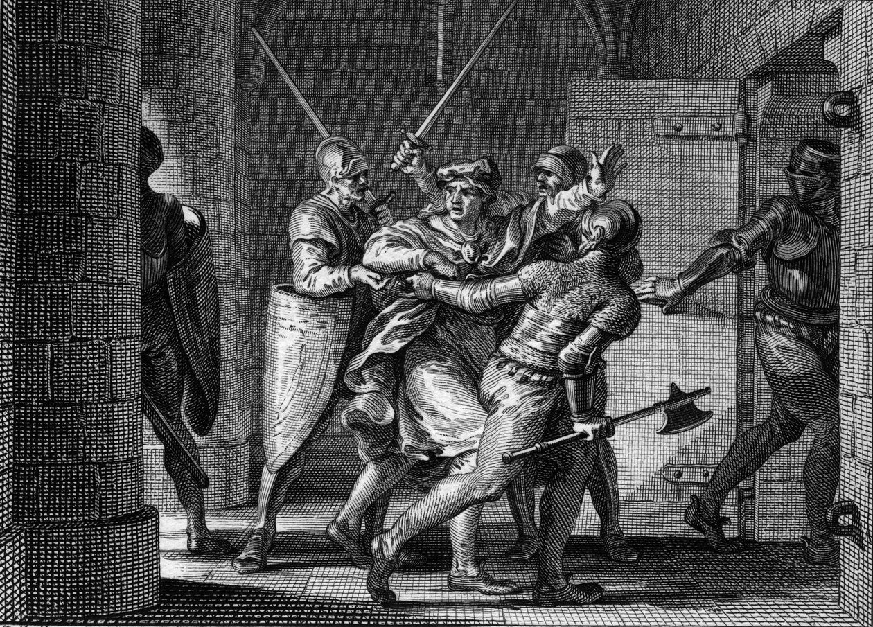 Gevangenneming van Karel III de Eenvoudige (879-929), 923: Gelovend dat hij toevlucht zou vinden bij Herbert van Vermandois, werd de voormalige koning van de Franken verraden door de laatste en naar de gevangenis gestuurd. Gravure door Jean Michel Moreau,  door Jean Michel the Younger Moreau