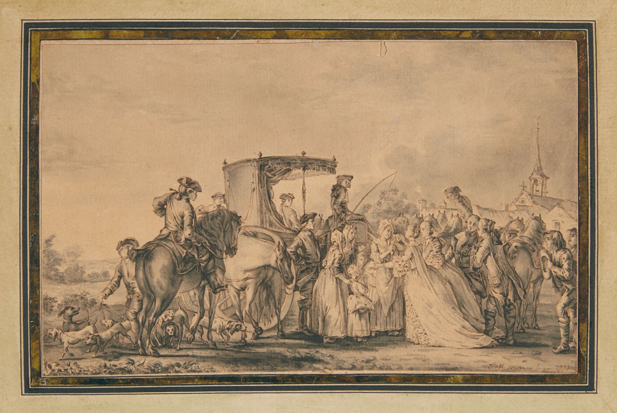 Marie Antoinette, die haar koets verlaat en omringd wordt door haar gevolg, troost een boer door Jean Michel the Younger Moreau