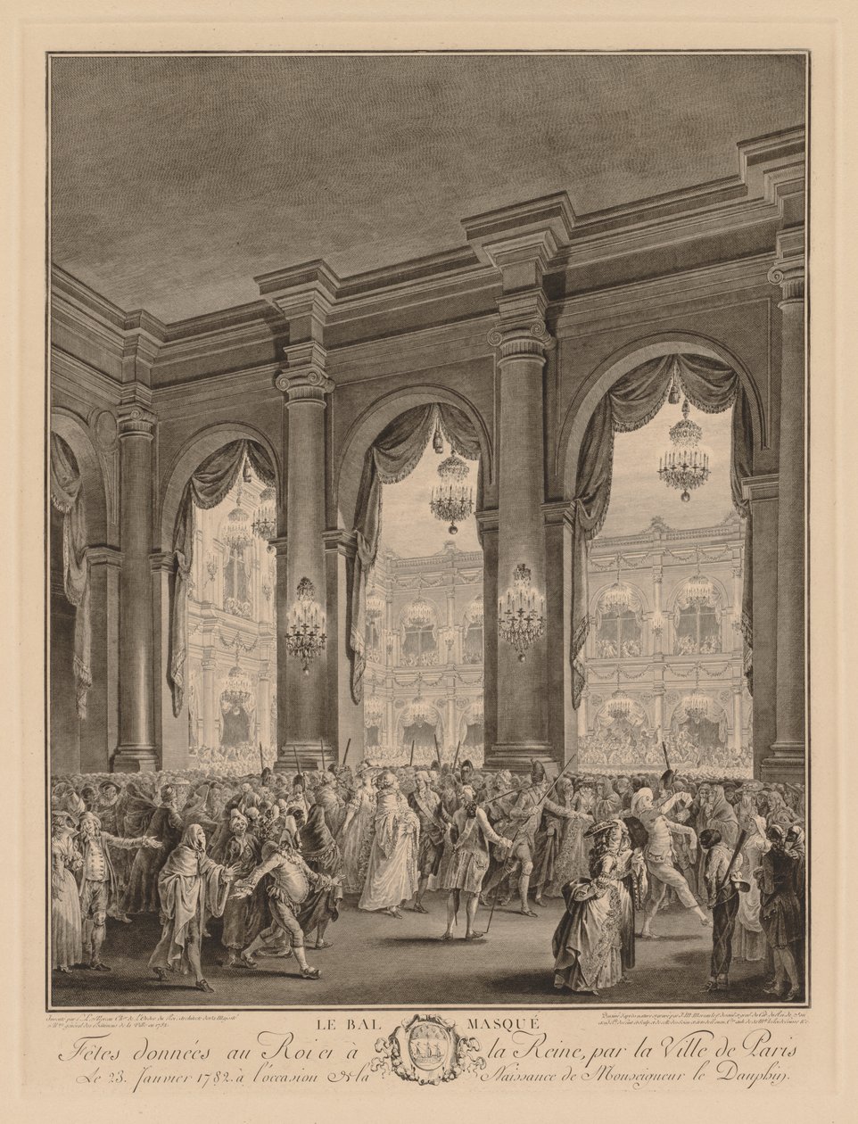 Gemaskerd bal in het stadhuis, 23 januari 1782 door Jean Michel the Younger Moreau