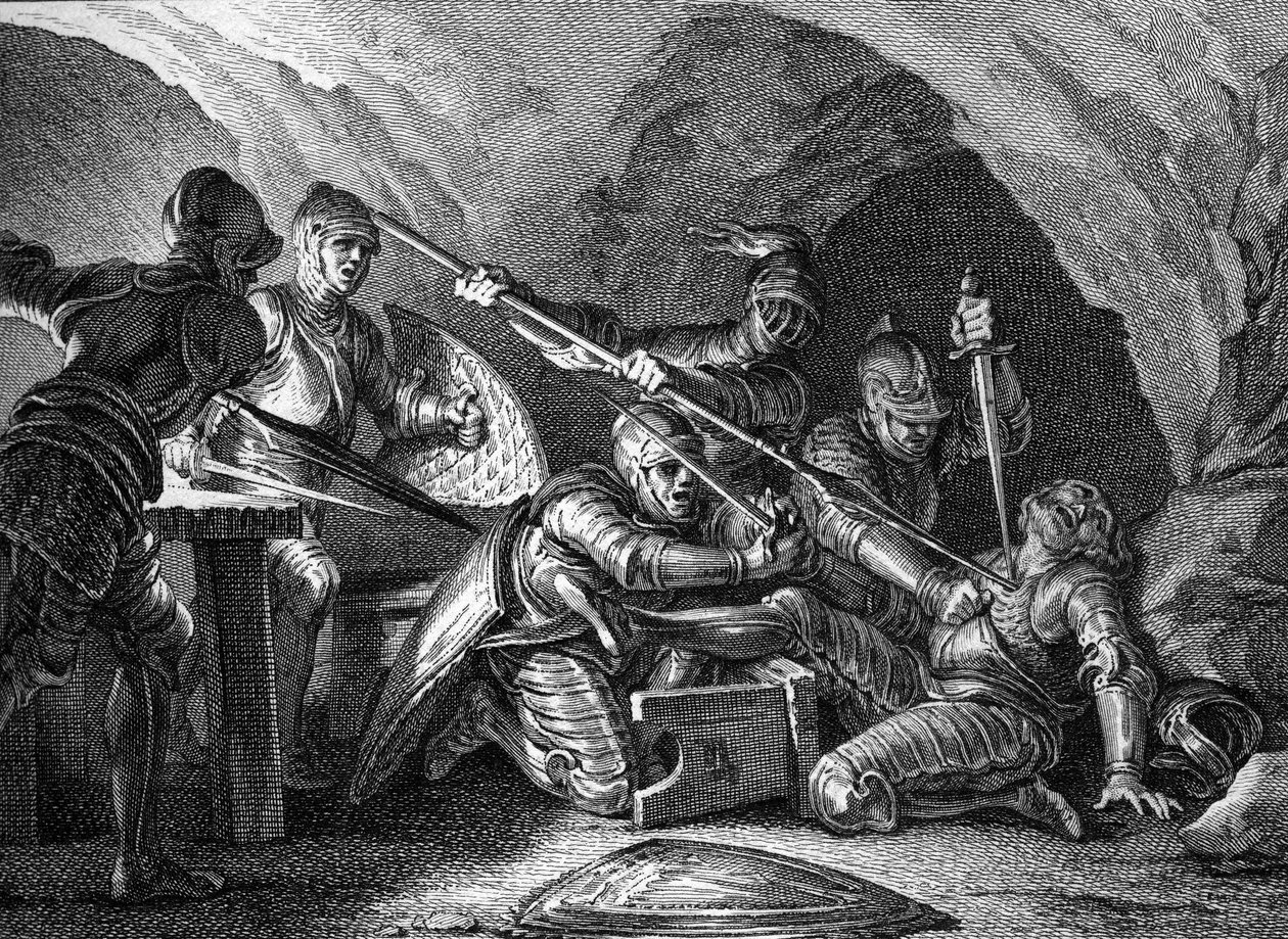 Ontmoeting van het Hertogdom Aquitanië met de Kroon: Moord op Waifre (of Gaifier), hertog van Aquitanië (767 of 768). Gravure door Romanet naar Moreau le jeune (1779). door Jean Michel the Younger Moreau