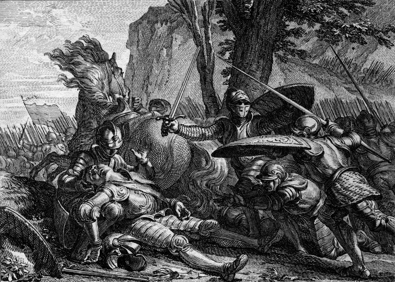 Roland stierf tijdens de slag bij Roncesvaux tussen het leger van Karel de Grote en dat van de Saracenen. 778. Gravure door Jean Michel Moreau, genaamd Moreau le Jeune (1741-1814) door Jean Michel the Younger Moreau