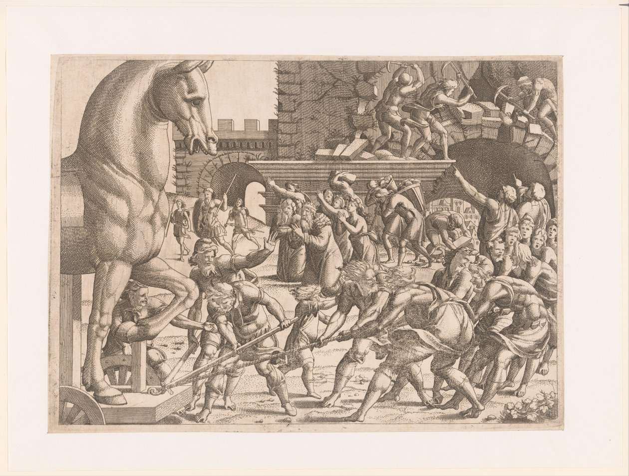 Binnenhalen van het paard van Troje door Jean Mignon (attributed to)