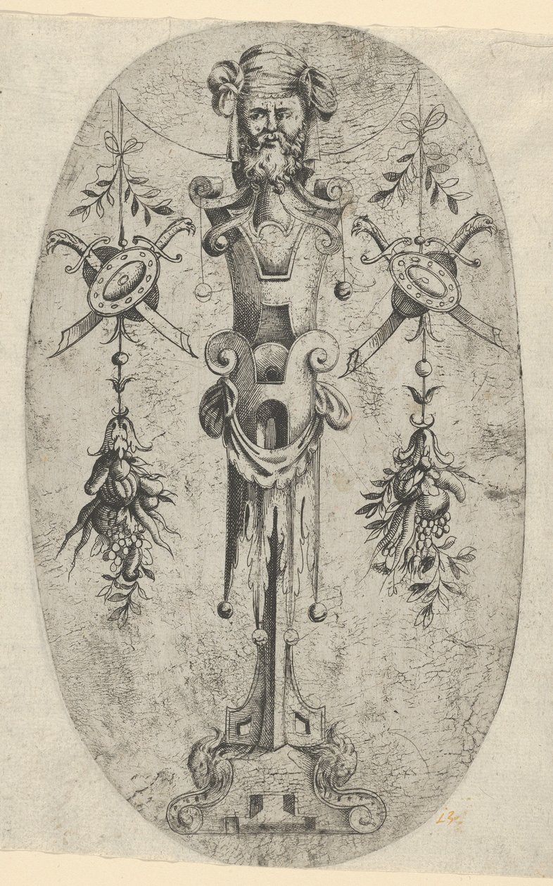 Mannelijke terminale figuur, hoofd met baard en tulband op een driekwart bandwerk door Jean Mignon