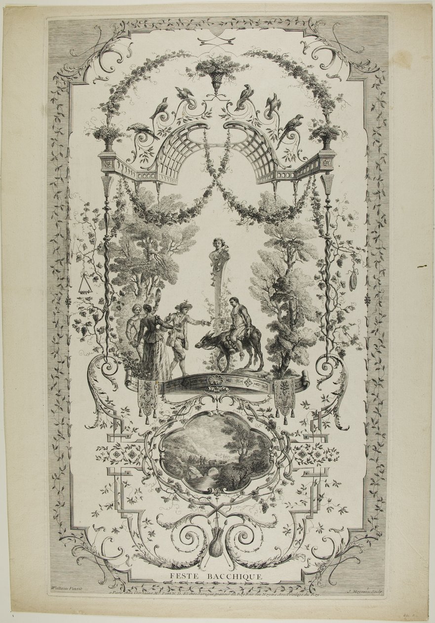 Feste Bacchique, plaat 97 uit "De werken van Antoine Watteau door Jean Moyreau