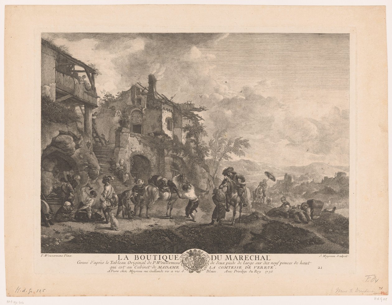 Reizigers bij een smid La boutique du marechal Prenten naar schilderijen door Philips Wouwerman (series title) Oeuvres de Ph.pe Wouwermans Hollandois (series title) door Jean Moyreau