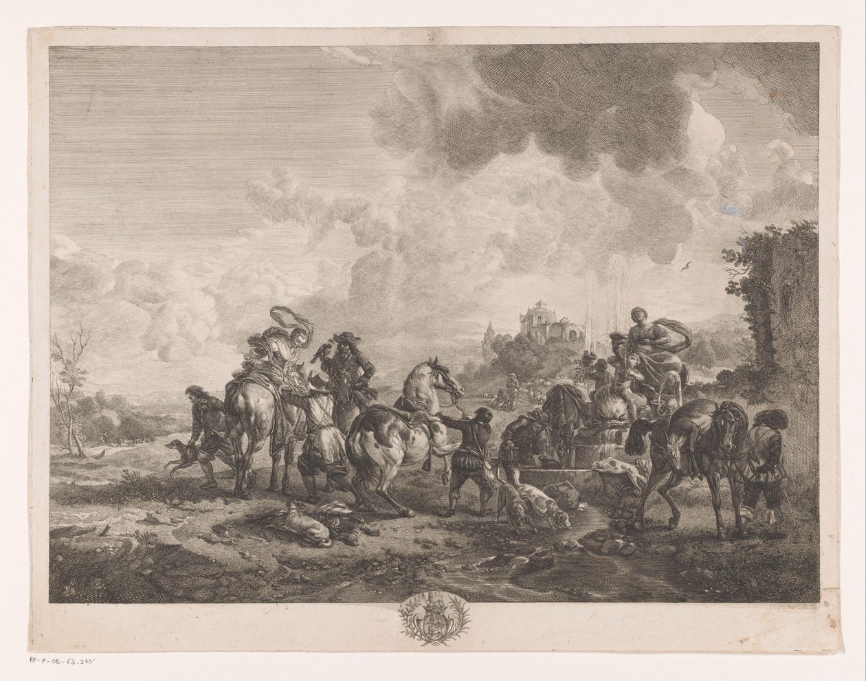 Rustend jachtgezelschap bij een fontein door Jean Moyreau
