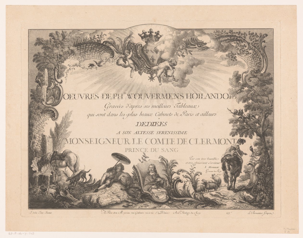 Titelprent met figuren en dieren in een landschap, met het portret van Philips Wouwerman door Jean Moyreau