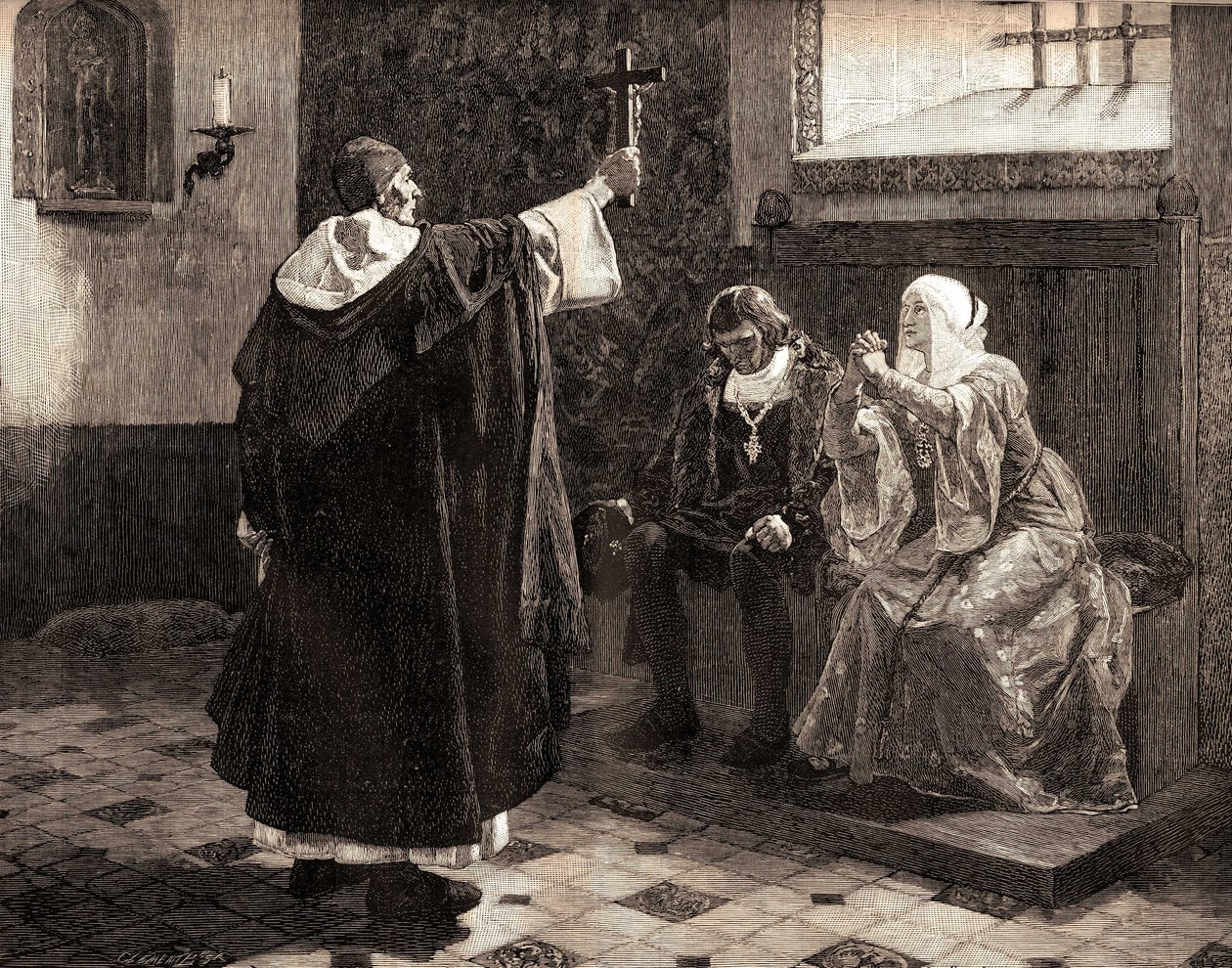 De grote Spaanse inquisiteur, Fray Tomas de Torquemada (1420-1498), tussen de katholieke koningen Ferdinand II van Aragon en Isabella van Castilië door Jean Paul (after) Laurens