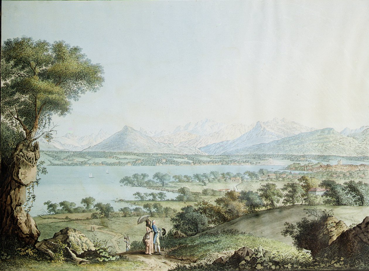 Uitzicht op de Mont Blanc met Genève op de voorgrond, gegraveerd door Jean Philippe Linck II en Jacob Philippe Hackert door Jean Philippe II Linck