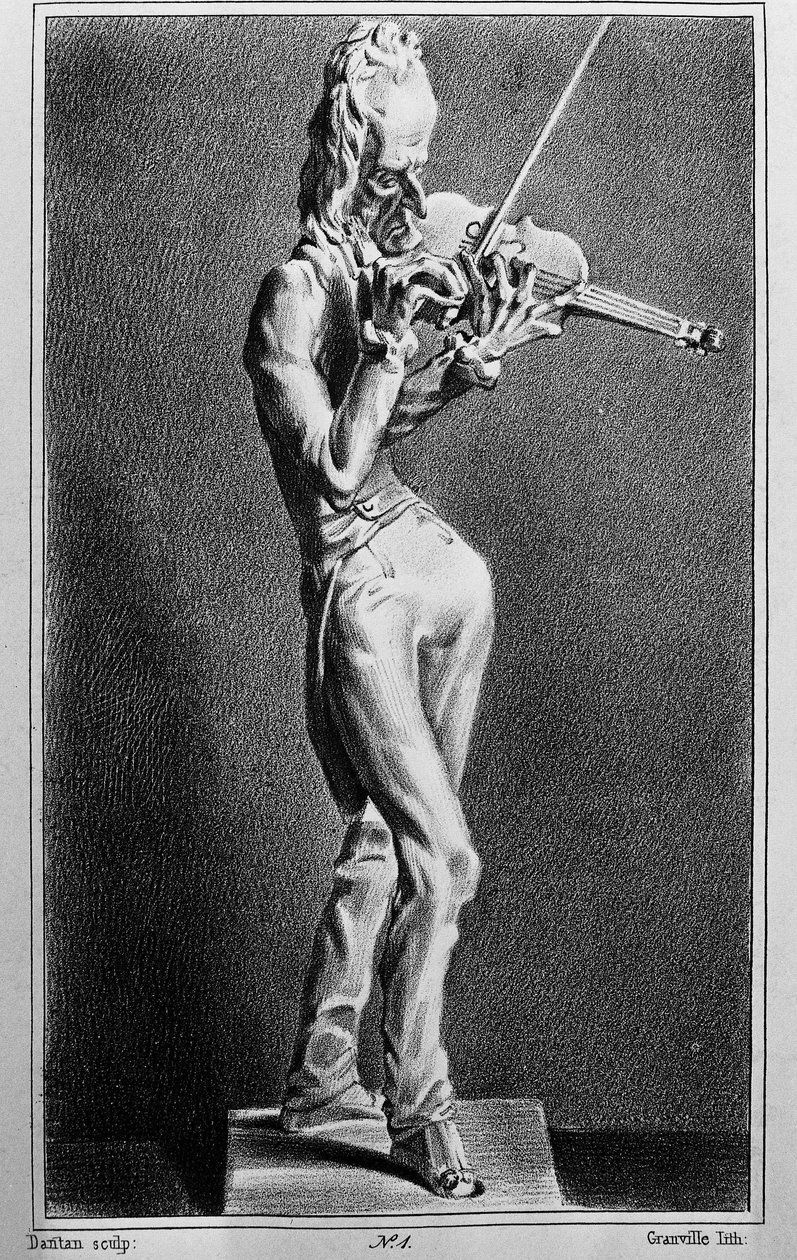 Niccolo Paganini (1782-1840), Italiaanse violist en componist. Karikatuur naar het beeldhouwwerk van Jean Pierre Dantan de jonge door Jean Pierre (after) Dantan