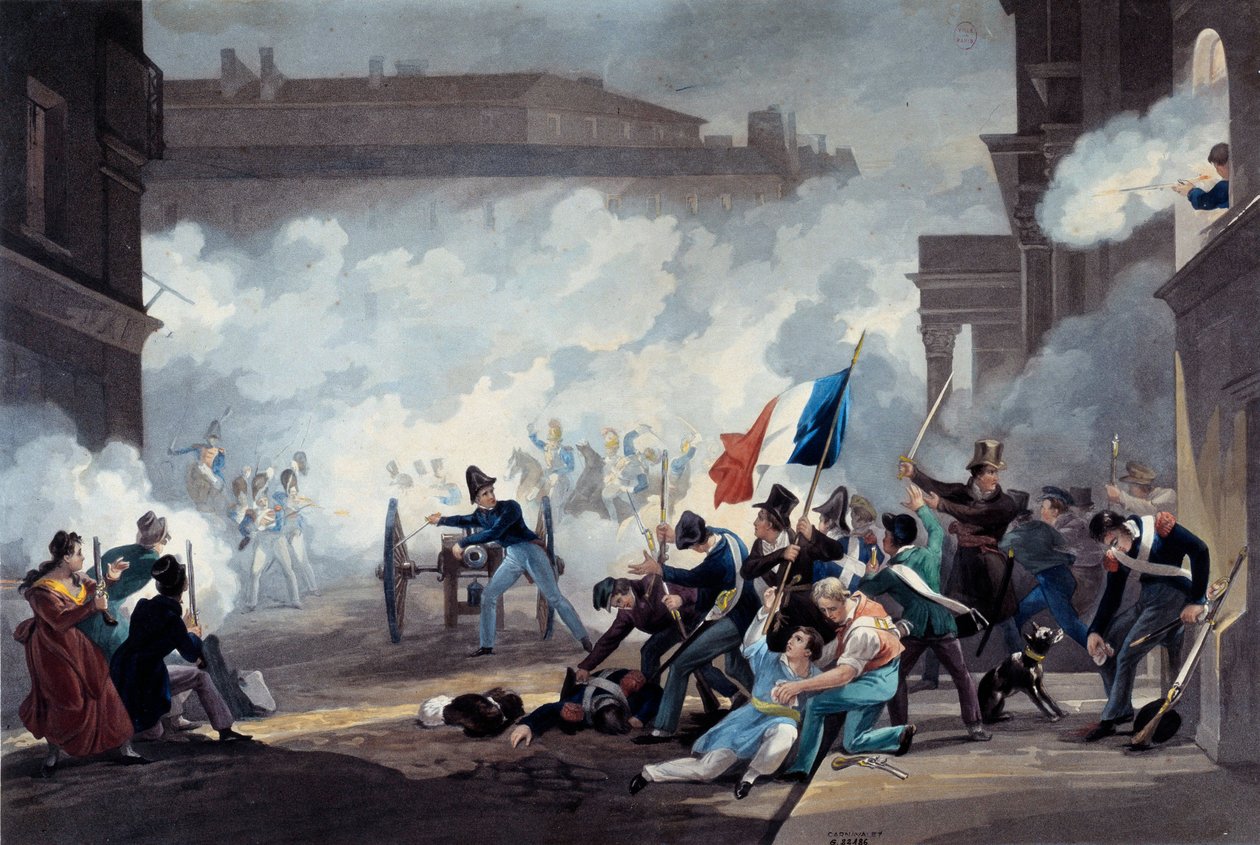 Revolutie van 1830: Een student van de Ecole Polytechnique greep een stuk kanon tijdens de verovering van het Palais-Royal op 28 juli door Jean Pierre Marie Jazet