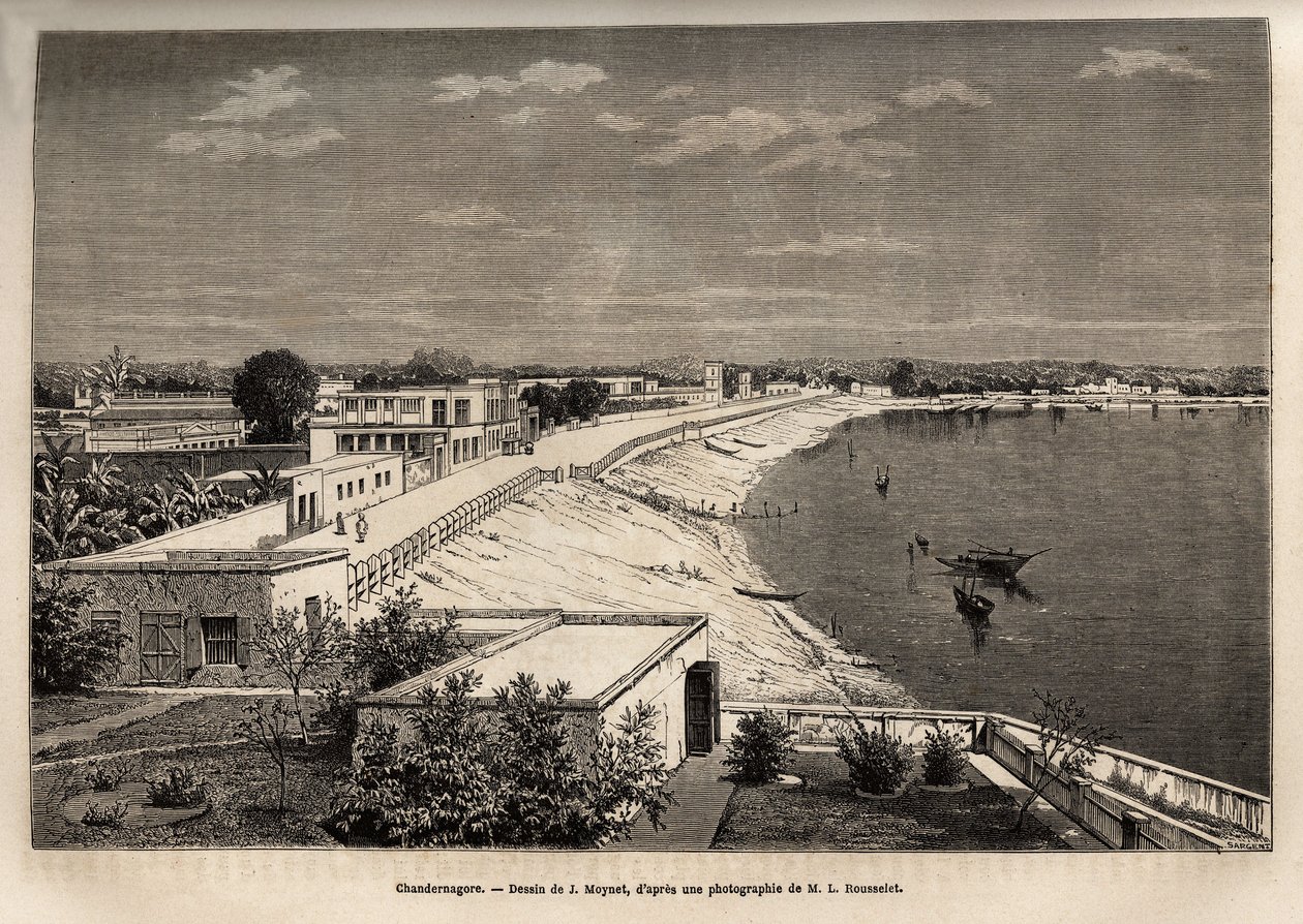 Chandernagor (hedendaags Chandannagar, in West-Bengalen), aan de oevers van de Ganges, gravure naar de tekening van J.Moynet, ter illustratie van de reis in India van de Rajahs, in 1864-1868, door Louis Rousselet, gepubliceerd in 