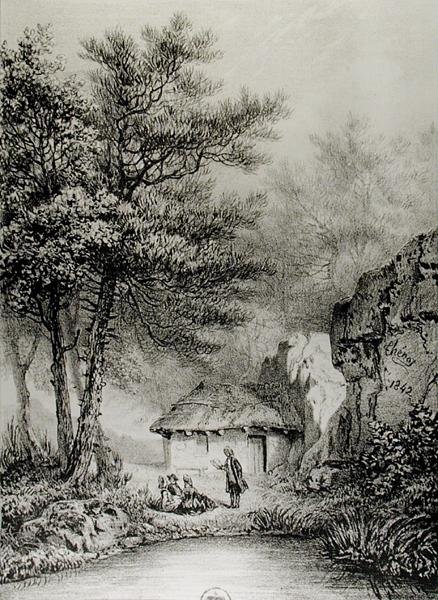 Jean-Jacques Rousseaus (1712-78) Hut in Ermenonville, 1842 door Jean Pierre after Thenot