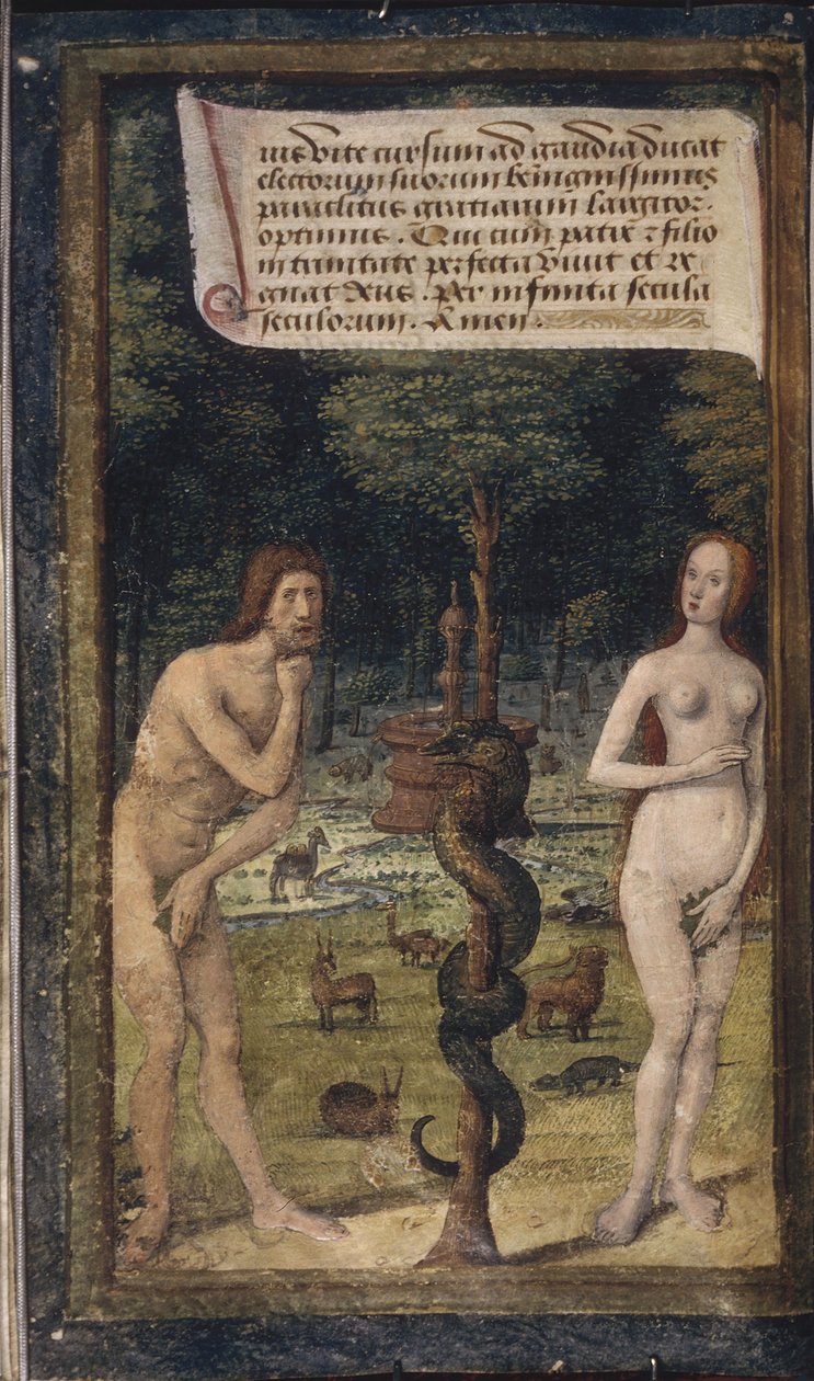 Adam en Eva uit Lettres bâtardes, ca. 1490-1510 door Jean Poyet