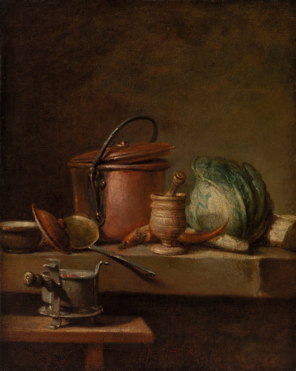 Stilleven met Koperen Pot, Kool, Stamper en Fornuis door Jean Baptiste Simeon Chardin