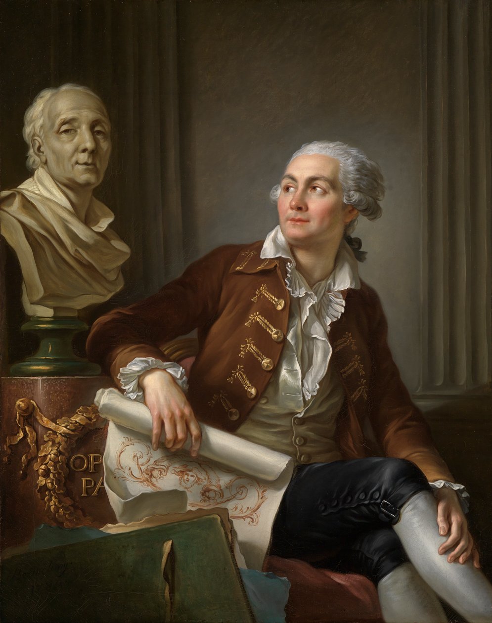Portret van man met buste van Denis Diderot door Jean Simon Berthelemy