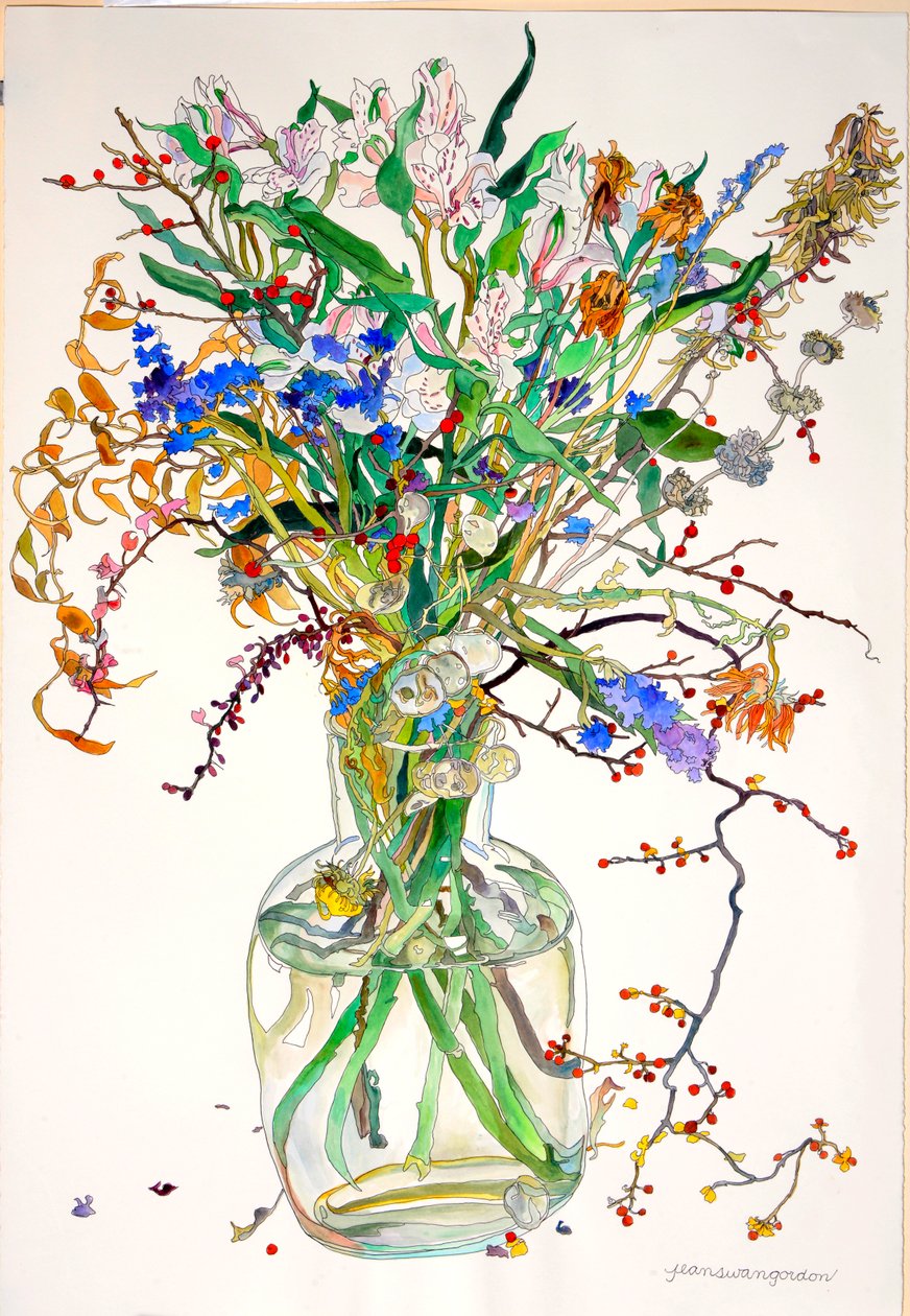 Alstroemeria, Statice, Eerlijkheid Calendula, Droog blad, Bessen door Jean Swan Gordon