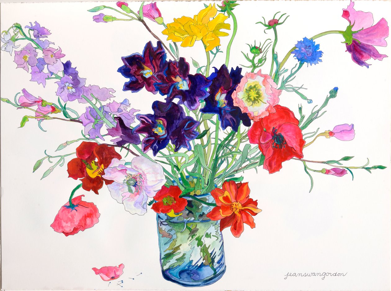Daglelies, klaprozen en ridderspoor (aquarel  inkt op papier) door Jean Swan Gordon