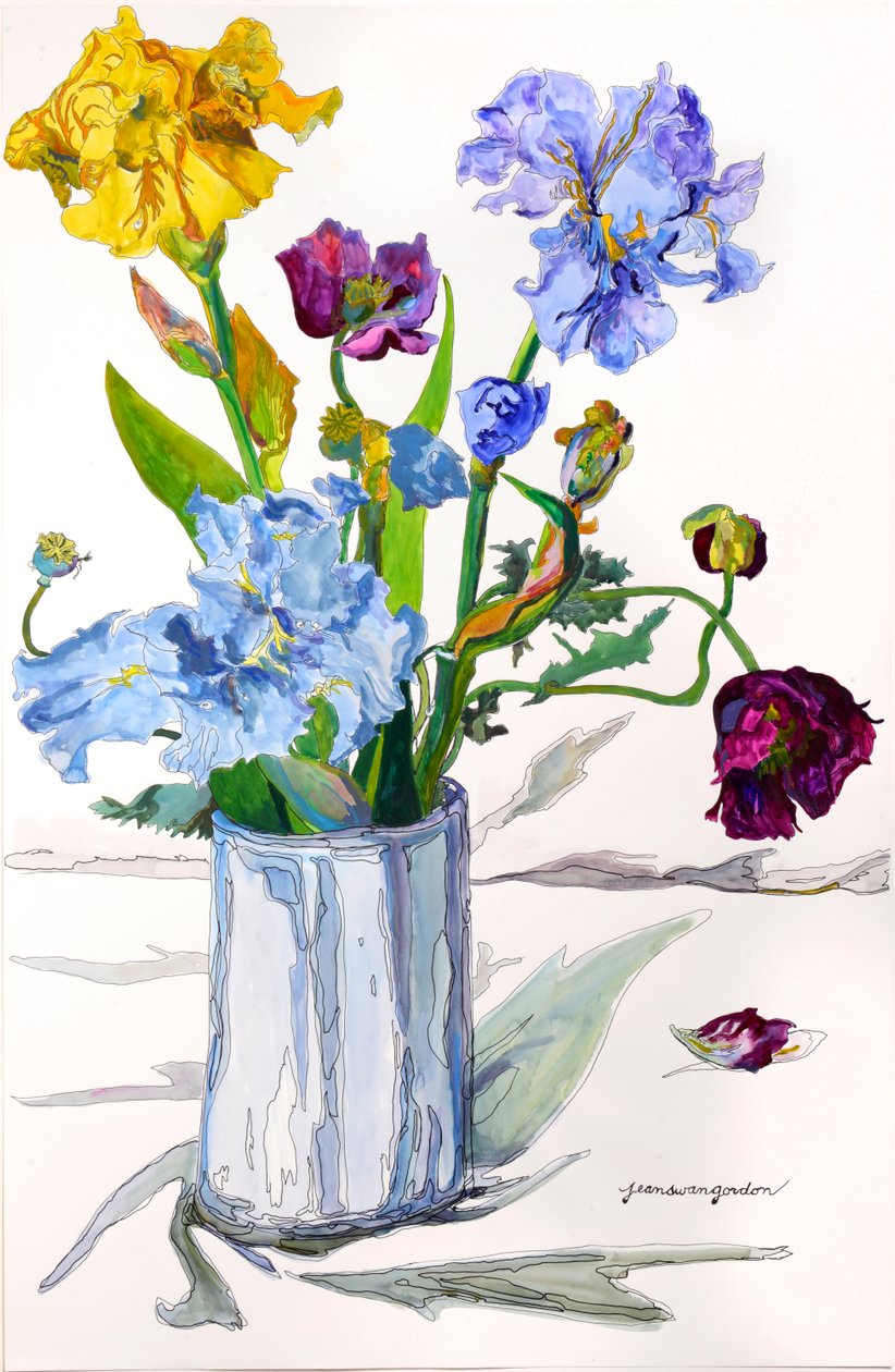 Irissen, klaprozen in zilveren vaas (aquarel en inkt op papier) door Jean Swan Gordon