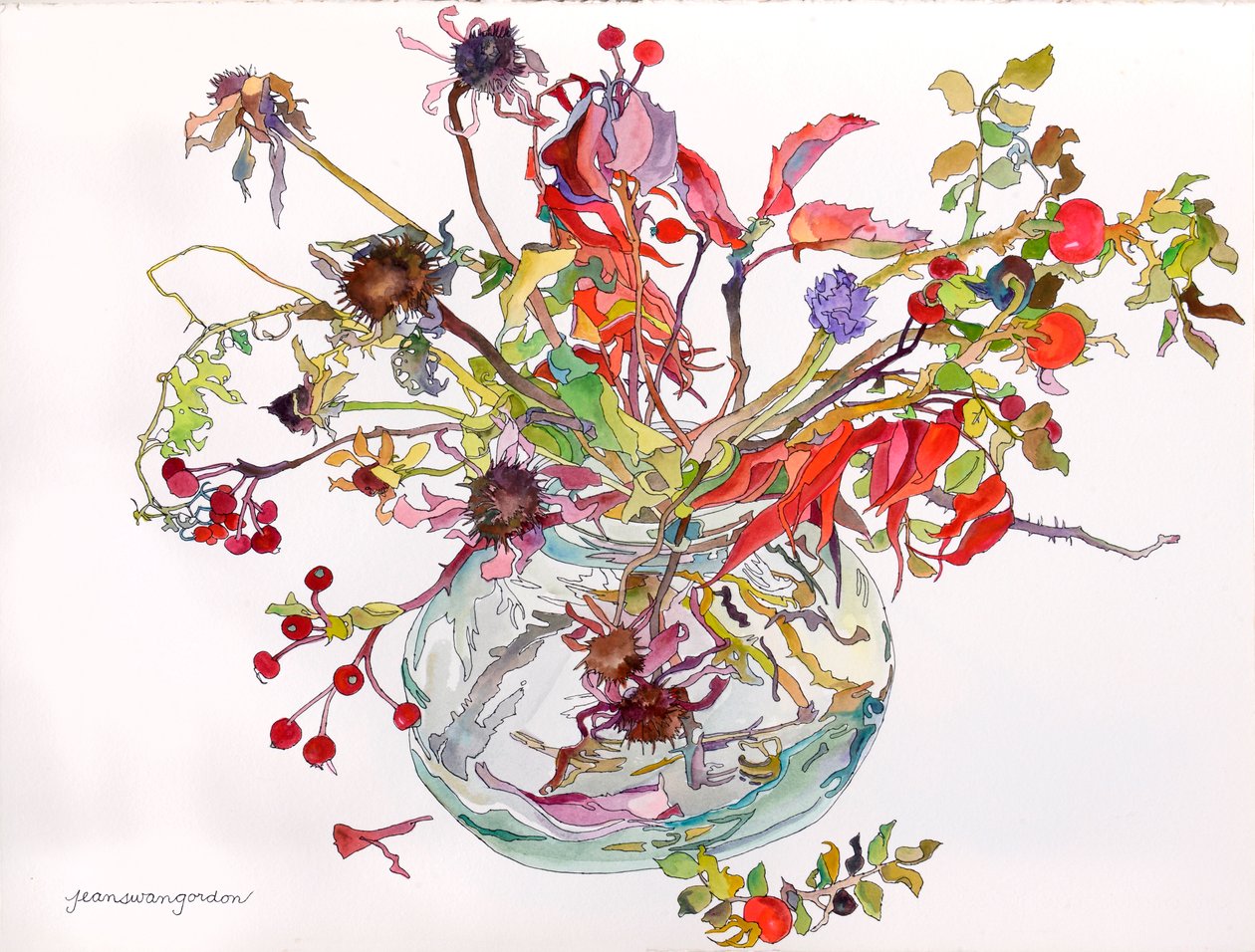 Laatste herfstkleur in glazen kom (aquarel en inkt op papier) door Jean Swan Gordon