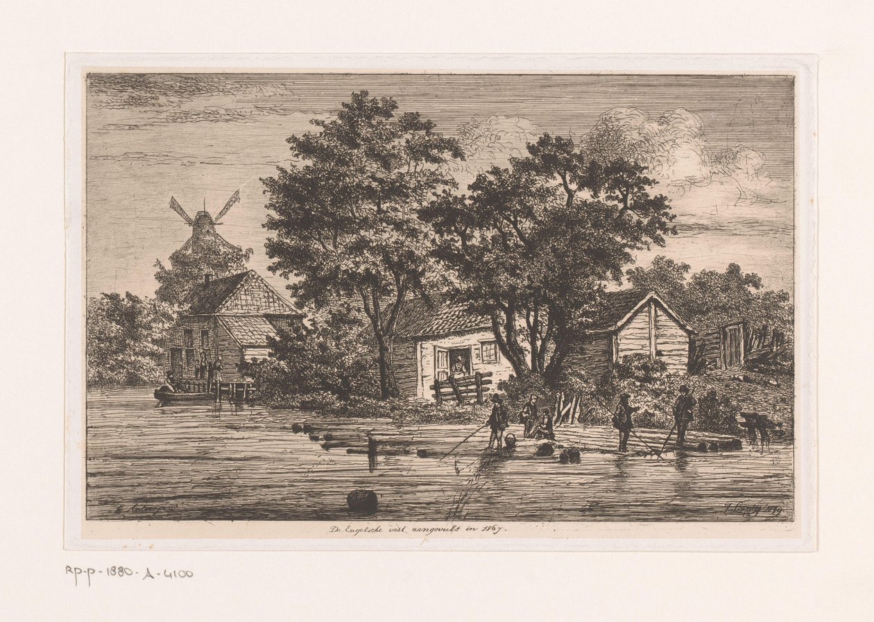 Gezicht op de Engelse vest in Antwerpen waarop boomstammen verzameld worden, op de achtergrond bebouwing en een molen door Jean Théodore Joseph Linnig