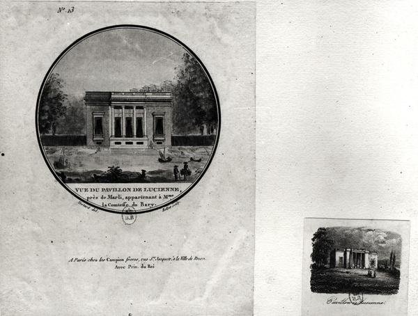 Uitzicht op een paviljoen in Louveciennes gebouwd door Claude-Nicolas Ledoux voor Madame du Barry door Jean Testard