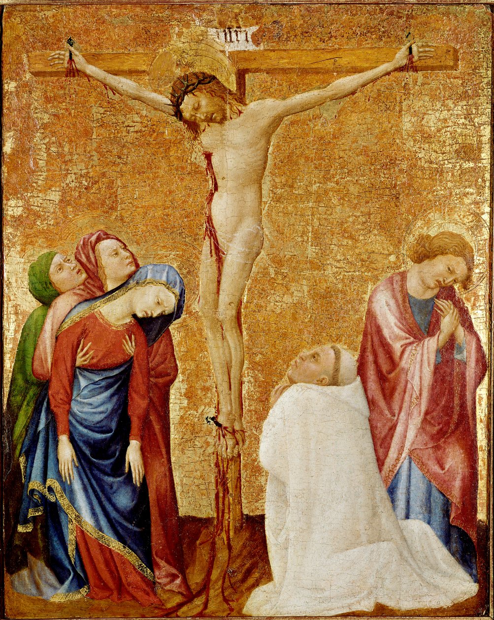Calvarie voor de kartuizer monnik. De drie maagden en Sint Jan omringen het kruis. Een kartuizer monnik knielt aan de voet van Christus door Jean de Beaumetz