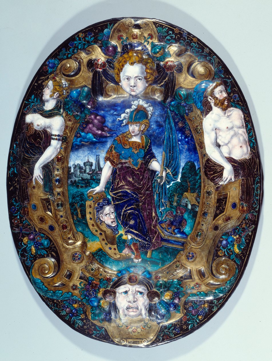 Geschilderd emaillen dienblad met Minerva op een landschap achtergrond gemaakt door Jean Court dit Vigier (16e eeuw) (schilder emailleur in LIMOGES) Parijs, Louvre Museum door Jean de Court