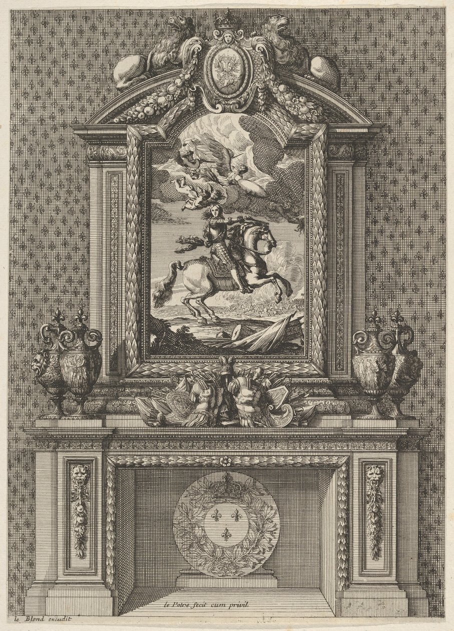 Schoorsteen met een schilderij van Lodewijk XIV boven de schouw, uit 