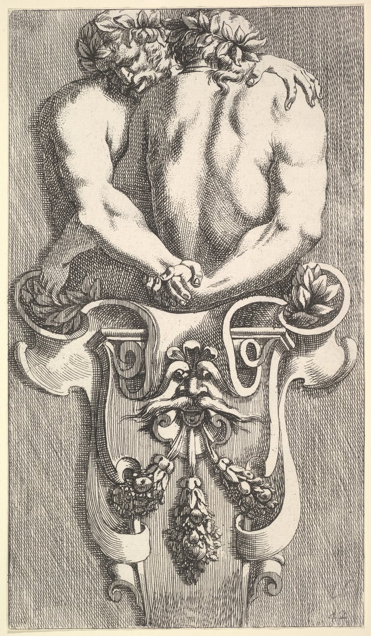 Ontwerp voor een Term met Twee Omhelzende Saters, uit: Curieuses recherches de plusieurs beaus... door Jean le Pautre