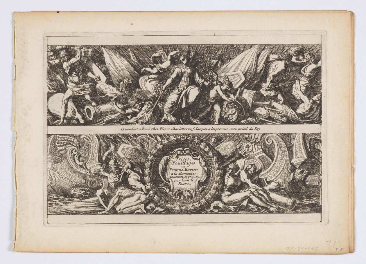 Titelpagina van "Frises, feuillages ou tritons marins, à la romaine" door Jean le Pautre