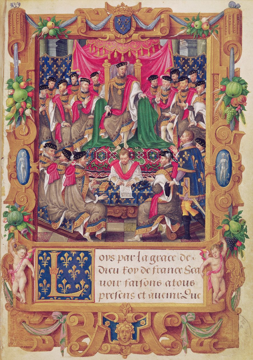 Henri II zit een kapittelvergadering van de Franse ridderorde van Saint-Michel voor door Jean the Elder Cousin