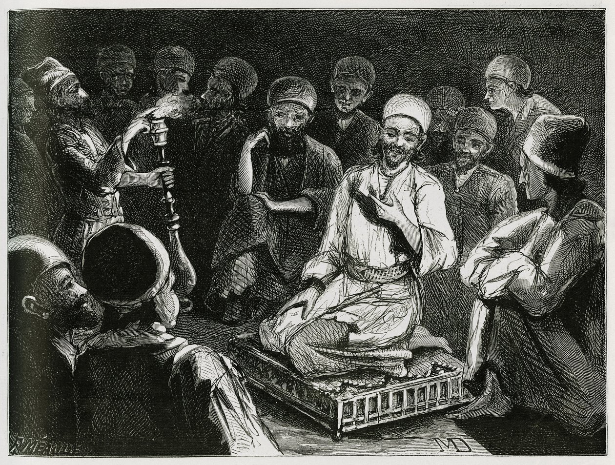 Perzische verhalenverteller omringd door zijn publiek. Gravure door de Reiziger auteur, ter illustratie van het verhaal "Perzië, Chaldee en Susiane" door Jeanne Dieulafoy