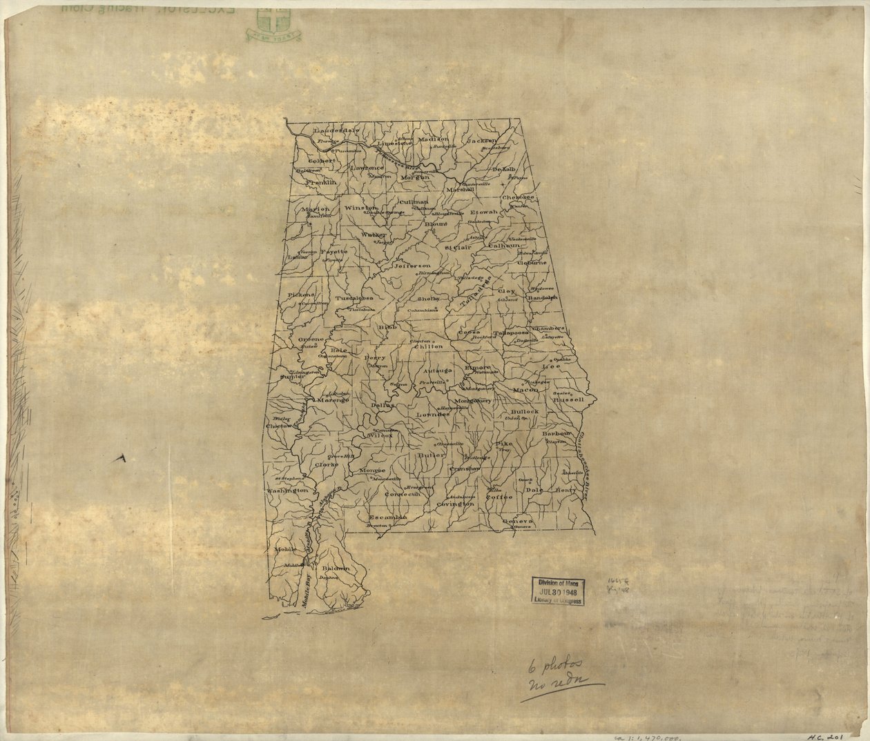 Basiskaart van Alabama. LOC 2005625108 door Jedediah Hotchkiss